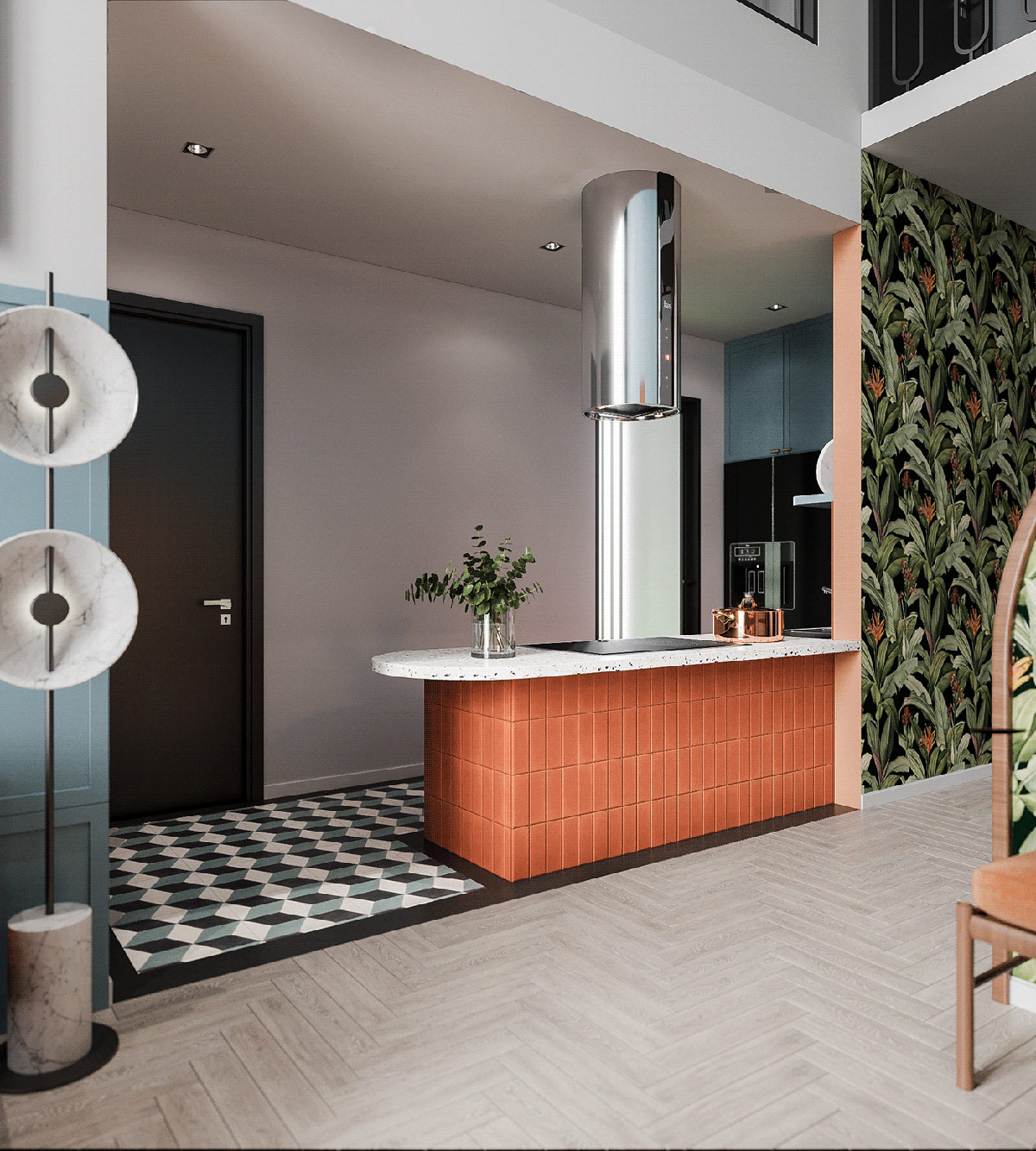 橙色和蓝色装饰的俏皮公寓---酷图编号21