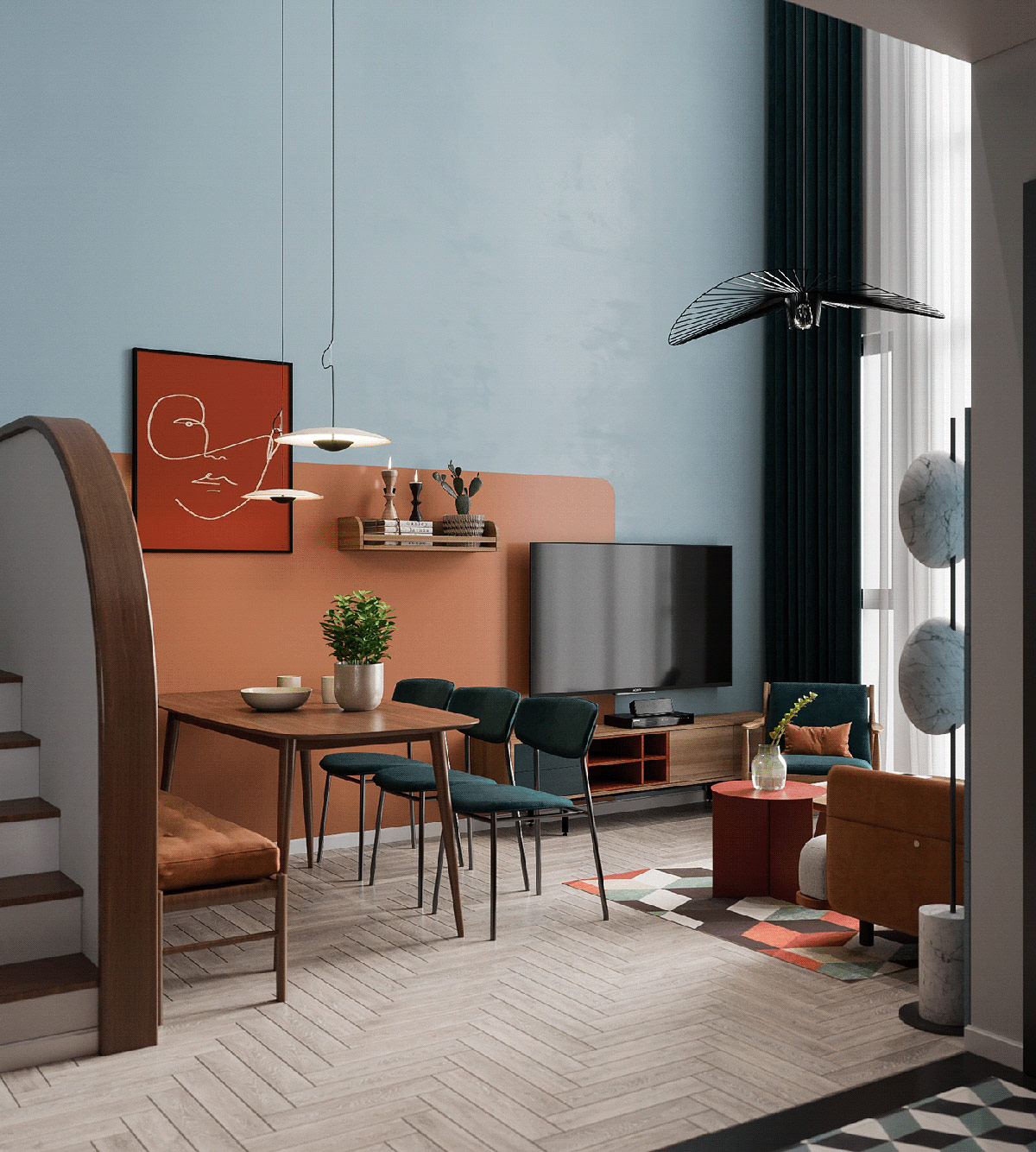 橙色和蓝色装饰的俏皮公寓---酷图编号19