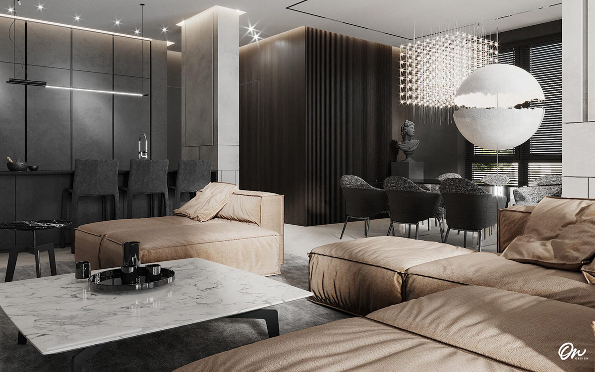 深色装饰的开放式起居空间---酷图编号10