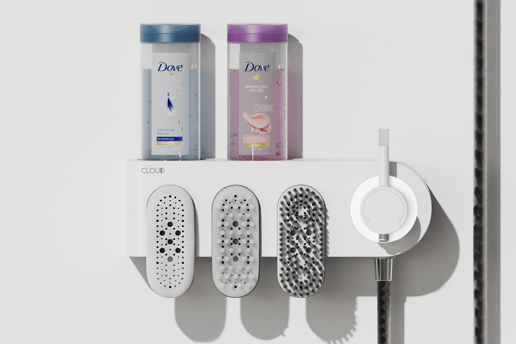 Park的集成式皂液器只需要用户按下淋浴喷头上的按钮,即可提示肥皂向下流到用户选择的模块