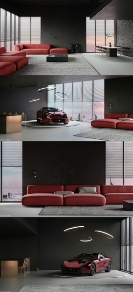 一对深色豪华内饰组合的室内设计图