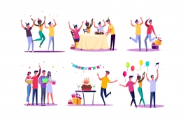 一群庆祝生日的卡通人群