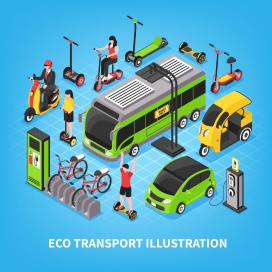 城市公交车与电动车陀螺踏板车素材