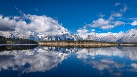 蓝天下的美湖倒影图