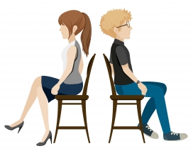 坐在凳子上背靠背的男女卡通图
