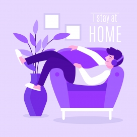 躺在紫色沙发上戴耳机听歌的单身男