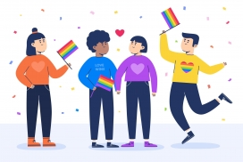 手取五彩旗帜的卡通伙伴