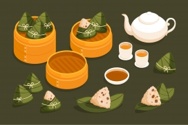 绿茶与蒸笼粽子素材