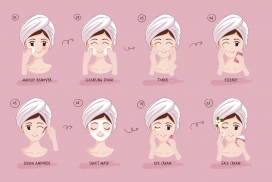头戴浴巾洗脸化妆的卡通女性