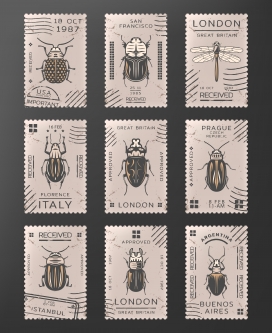 复古彩色昆虫邮票集