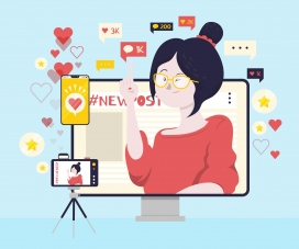 用电脑手机直播的眼镜卡通女郎