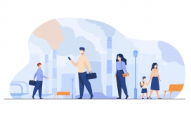 被工业烟雾污染戴口罩的卡通人群素材