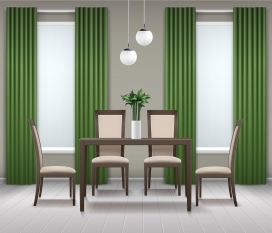绿色窗帘的餐厅室内设计素材下载