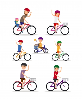 运动的卡通自行车家庭