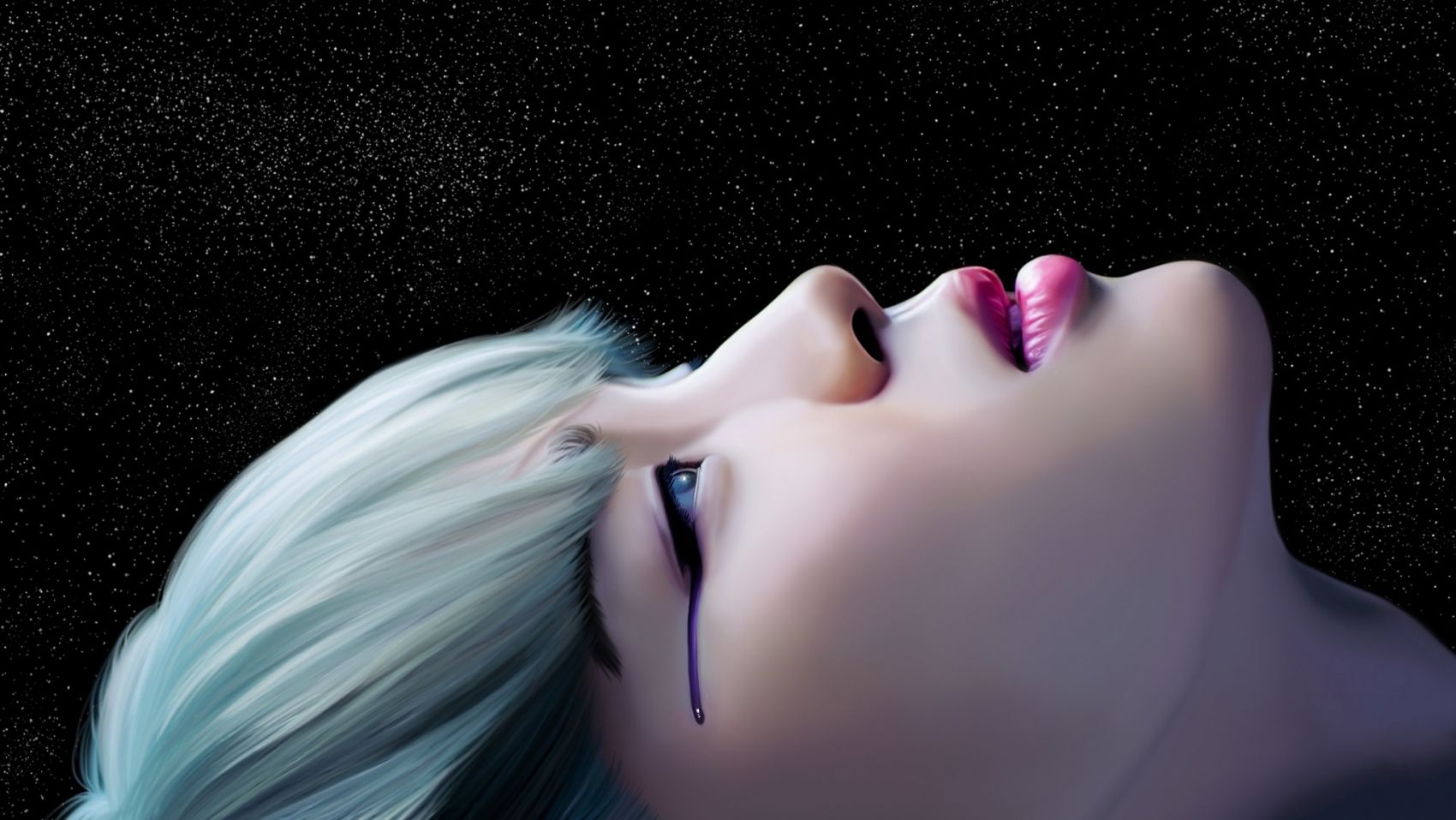 流紫色眼泪的白发动漫女郎图片