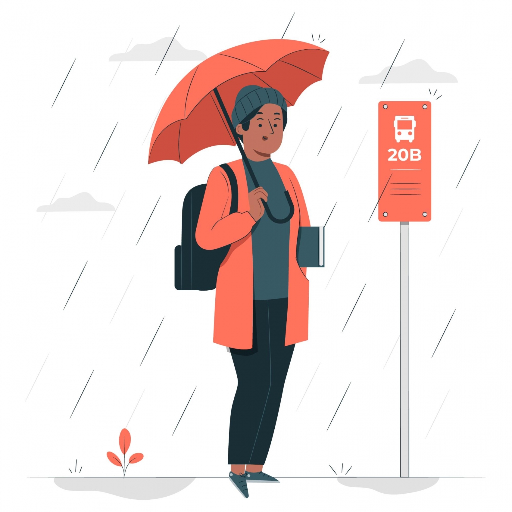 卡通下雨天撑雨伞等公交车素材下载图片