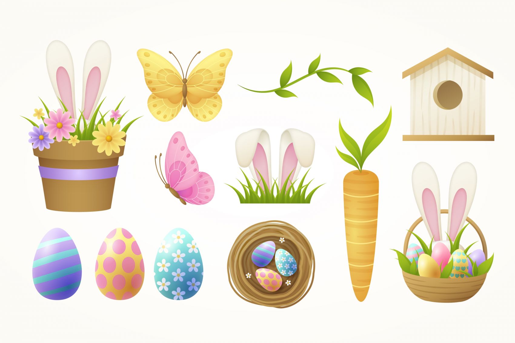 卡通彩色鸡蛋花盆胡萝卜蝴蝶素材下载图片