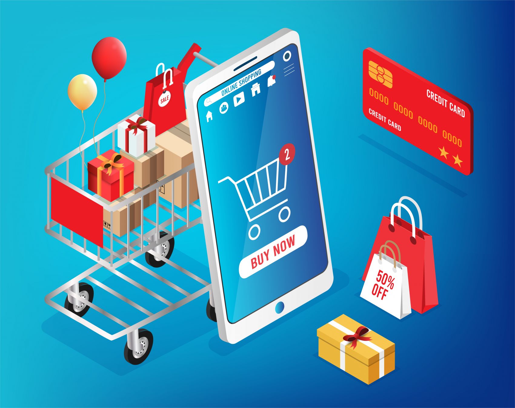 蓝色移动购物车支付素材下载图片