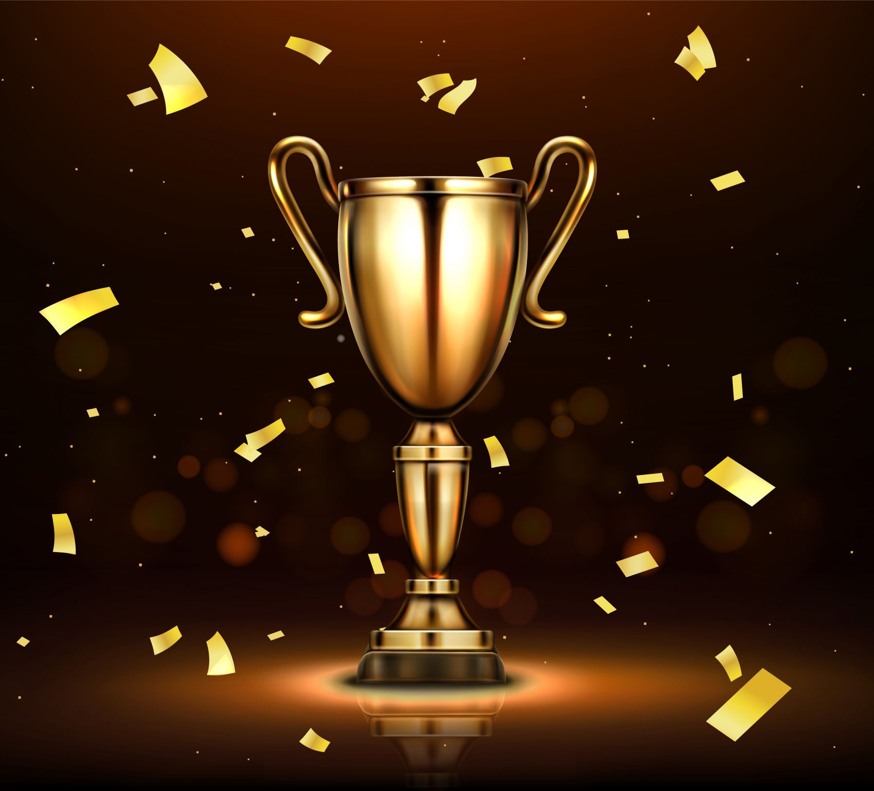 金色纸片乱飞下的金色奖杯素材图片