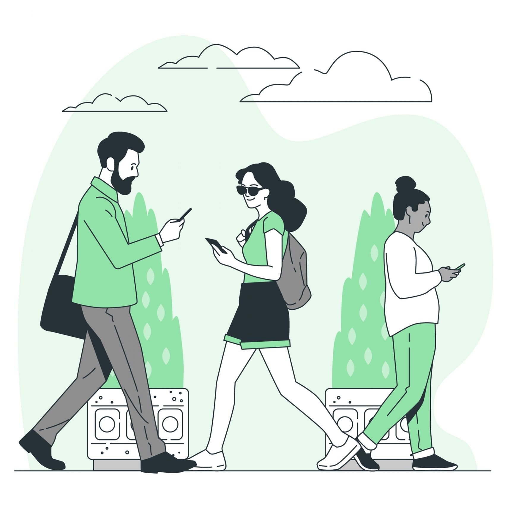 绿色卡通走路玩手机素材图片