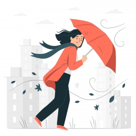 用雨伞挡风的卡通红衣女子