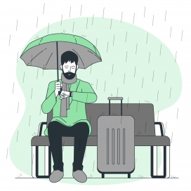 下雨天坐在凳子上打伞等人的卡通游客