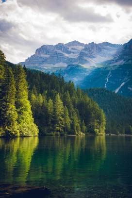 雪山湖森林风景图片
