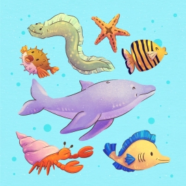 卡通手绘海洋生物鱼群素材下载