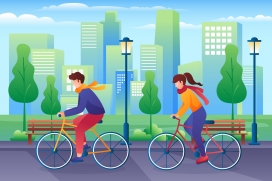 骑行在城市绿化带中的卡通情侣素材下载
