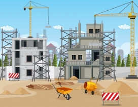 卡通房屋建筑沙子材料施工场景素材
