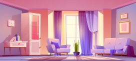 紫色带家具窗帘的客厅