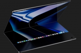 盘旋在笔记本电脑和 iPad之间细线上的全屏概念Apple MACBOOK