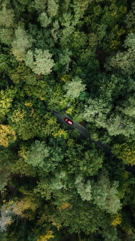 高空俯拍行驶在绿色公路山的红色汽车