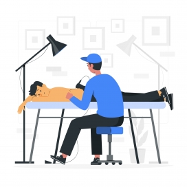 蓝色卡通趴在桌上纹身操作场景素材下载