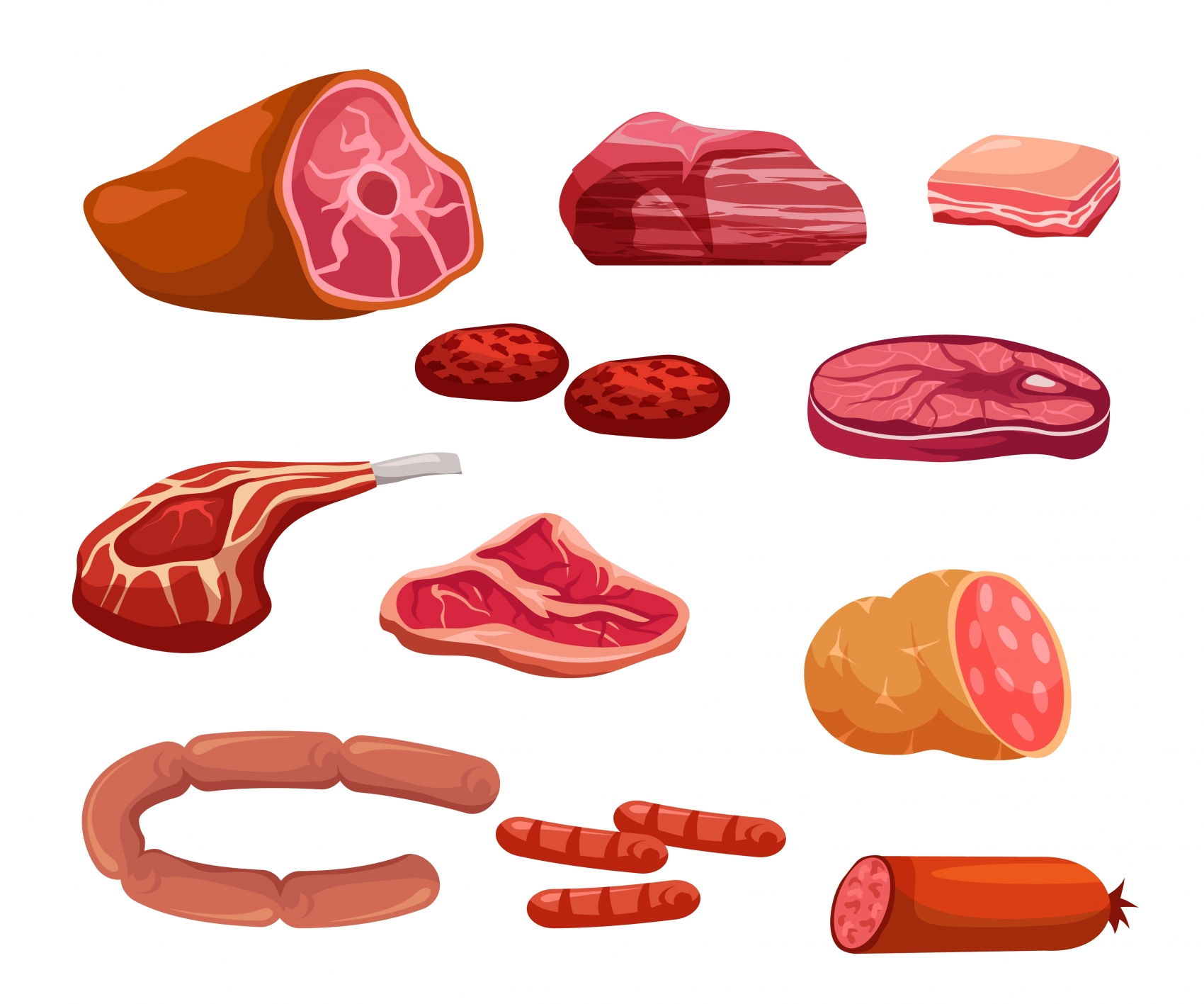 卡通肉类食品插图(卡通、肉类、牛肉、肉肠、鸡腿、火腿、香肠)手绘插图_北极熊素材库