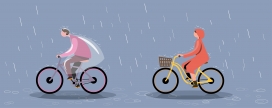 卡通雨中身穿雨衣骑行素材下载