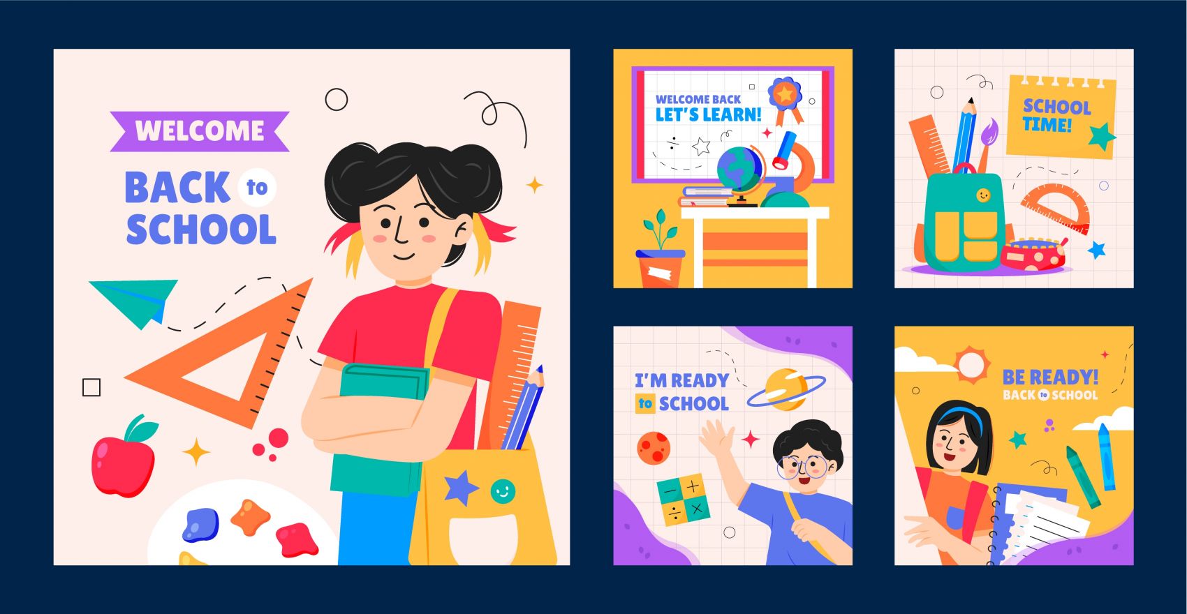 卡通学生读书返校场景海报图片