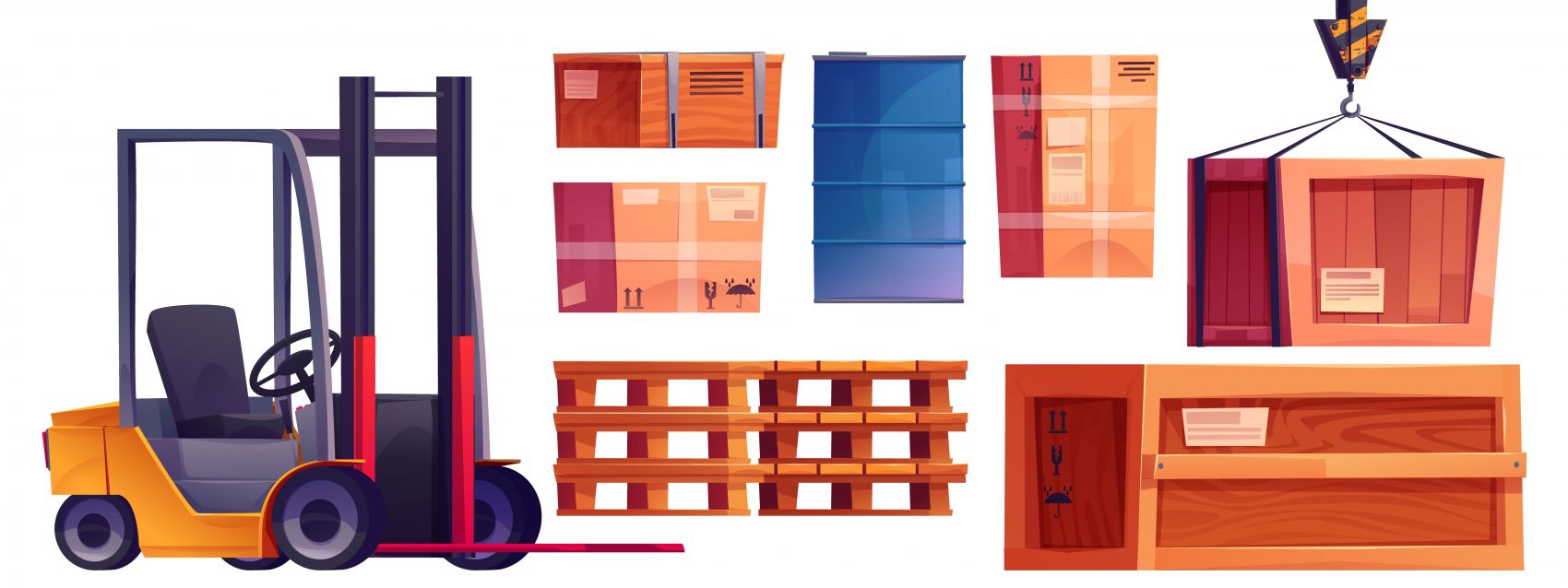 卡通仓库物流叉车货箱素材图片