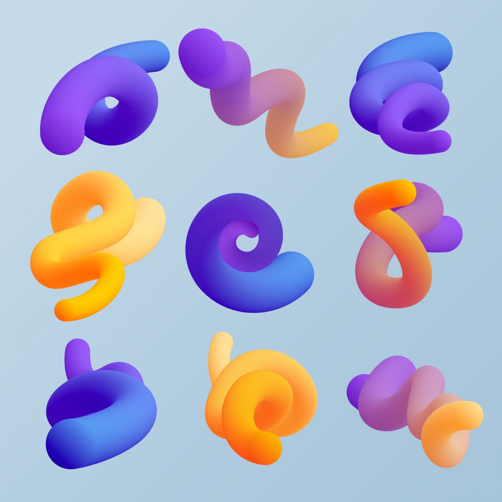 蓝紫黄渐变的立体三维管状圈圈抽象形态集图片