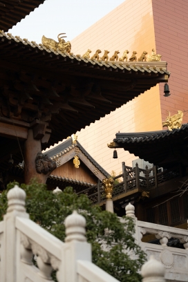 坐满金色吉祥物的中国古建筑飞檐图