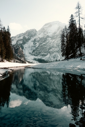 冬季雪山湖倒影图