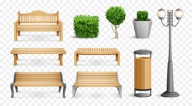 卡通木质公园长椅长凳子路灯盆栽垃圾桶素材下载