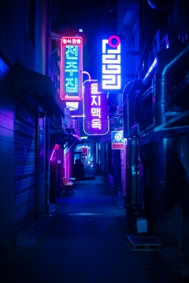蓝色韩风小巷街头夜景
