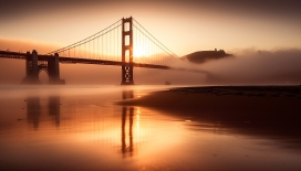 被雾气笼罩的金色金门大桥早晨风景