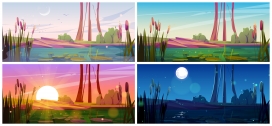 满月之夜-湖边的绿色沼泽香蒲风景素材下载