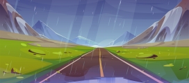 卡通公路山下雨天景观