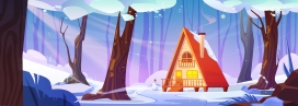 卡通冬季森林房屋树背景