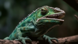 爬在树干张嘴的绿色蜥蜴变色龙