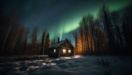 唯美的北极光下森林小木屋