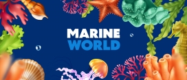 逼真彩色的海洋世界背景-海底动植物群居矢量插图